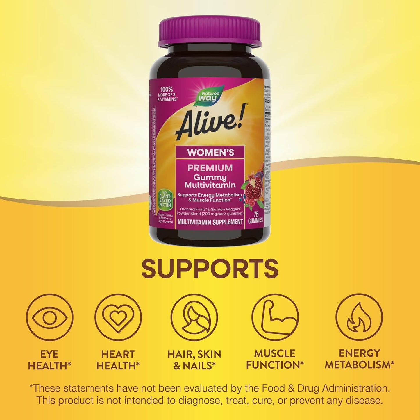 Nature's Way Alive! Premium Women’s Gummy Multivitamin - Energy & Muscle Support - B-Vitamins - Grape, Cherry, & Blueberry-Acai Flavored - 75 Gummies - Espot.com.au