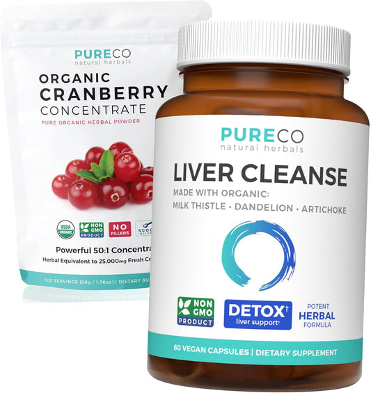 Organic Cranberry Powder & Liver Cleanse Bundle - Detox Berry Blend with 50:1 Cranberry Extract (100 Servings) & Liver Cleanse Capsules - Non-GMO (1-Month Supply) - Espot.com.au