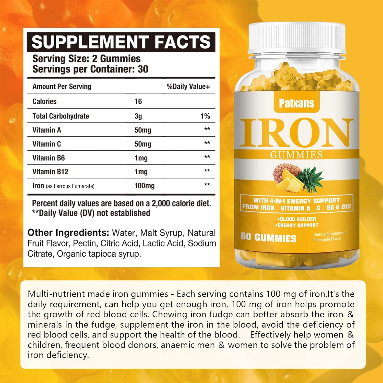2-pack-iron-gummies-with-vitamins-for-energy-blood-support---100mg-supplement-for-men-women-adults-kids---vegan-pineapple-flavor---120ct-2
