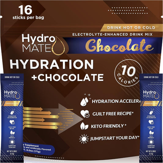 HydroMATE Electrolyte Powder Packets - Chocolate Flavor, 16 Count - Low Sugar Drink Mix for Fast Hydration and Recovery with Vitamin C - Espot.com.au