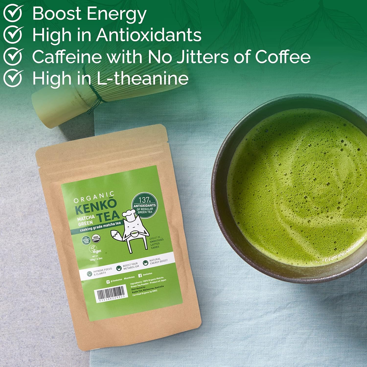 USDA Organic Culinary Grade Matcha Green Tea Powder for Lattes, Smoothies, and Baking - 100g Bag (50 Servings) by Kenko Tea - Espot.com.au