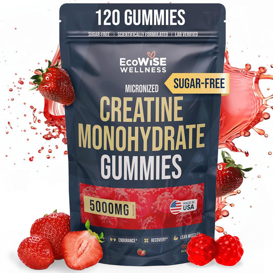 EcoWise Wellness Creatine Monohydrate Gummies - 5000 MG Chewables for Strength & Energy - Gluten-Free, Vegan - 120 Count Strawberry Gummies for Men & Women - Espot.com.au