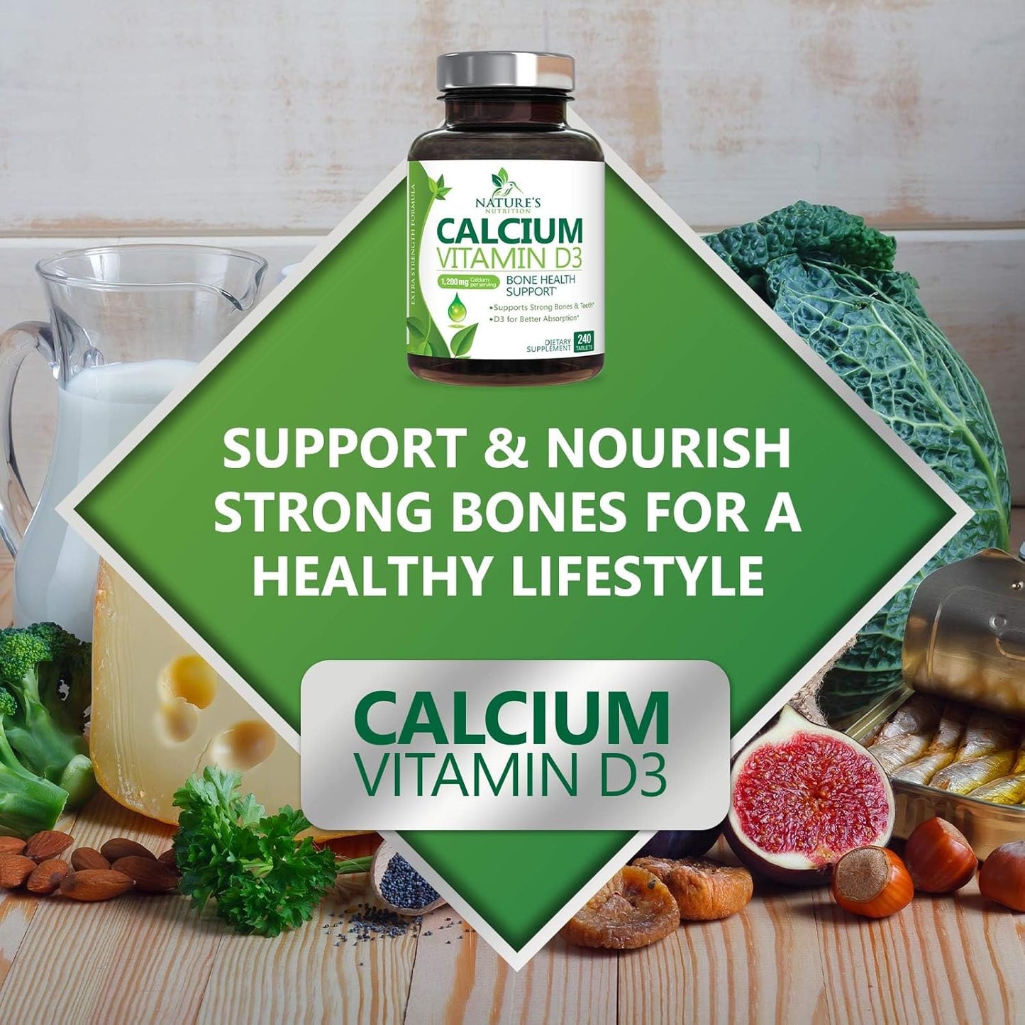 High Potency Calcium 1200mg with Vitamin D3 - 240 Tablets, Bone & Teeth Support, Immune System Boost, Absorbable Calcium Supplement for Men & Women - Espot.com.au