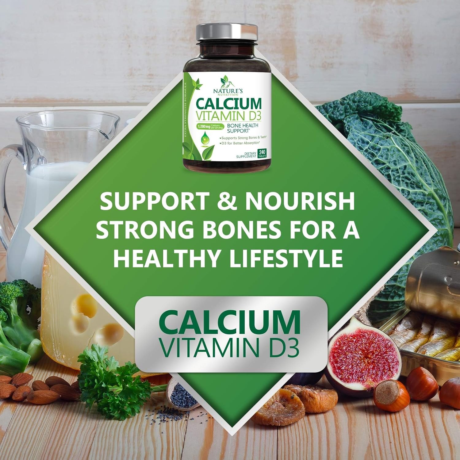 High Potency Calcium 1200mg with Vitamin D3 - 240 Tablets, Bone & Teeth Support, Immune System Boost, Absorbable Calcium Supplement for Men & Women - Espot.com.au