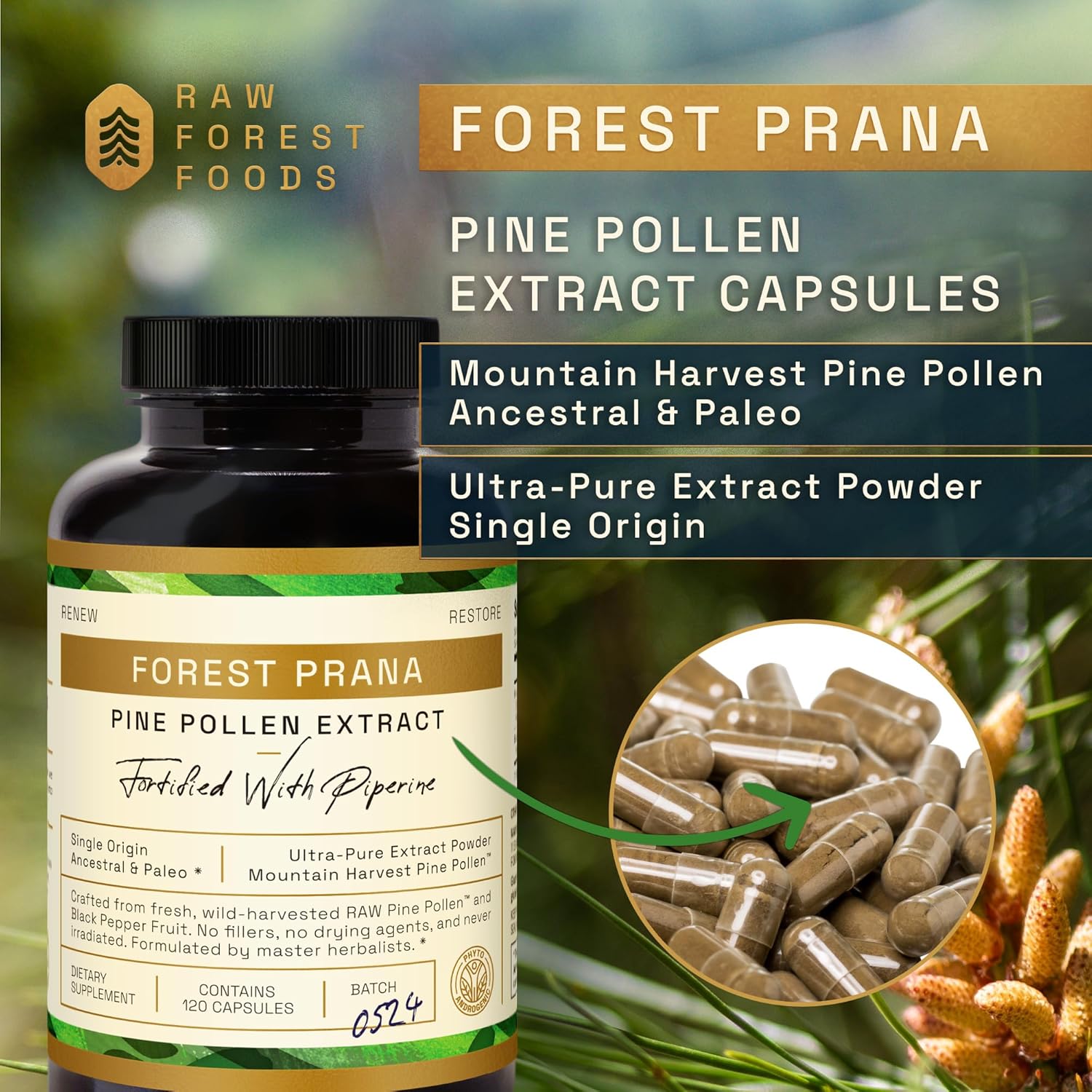 Forest Prana Pine Pollen Extract Capsules - 120 Count Bottle - Premium Mountain Harvest Pine Pollen Supplement - Espot.com.au