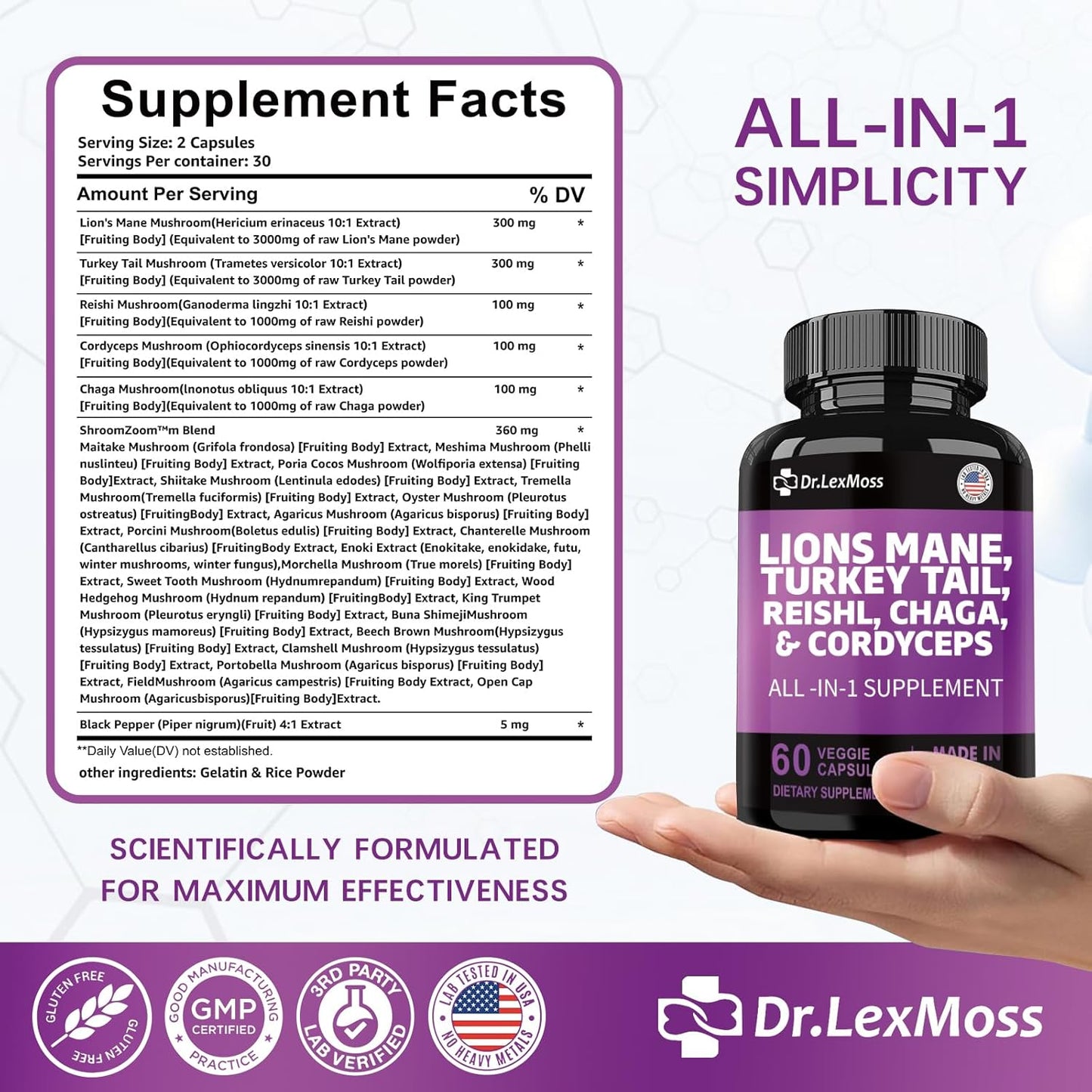 organic-mushroom-supplement-with-lions-mane-turkey-tail-reishi-cordyceps-chaga-maitake-meshima-poria-cocos-shiitake-oyster-porcini-enoki---60-capsules---dr-lexmoss-4