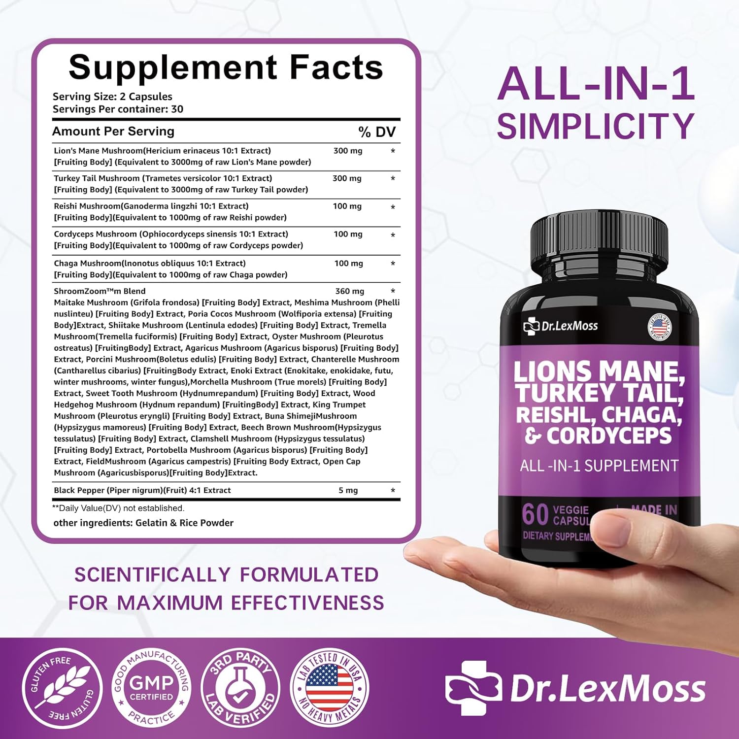 organic-mushroom-supplement-with-lions-mane-turkey-tail-reishi-cordyceps-chaga-maitake-meshima-poria-cocos-shiitake-oyster-porcini-enoki---60-capsules---dr-lexmoss-4