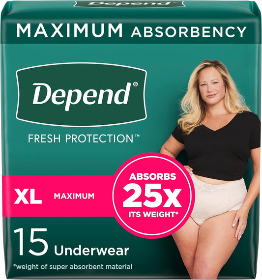 Depend Fresh Protection Women's Disposable Underwear, XL, 15 Count, Blush - for Incontinence & Postpartum, Maximum Protection - Espot.com.au