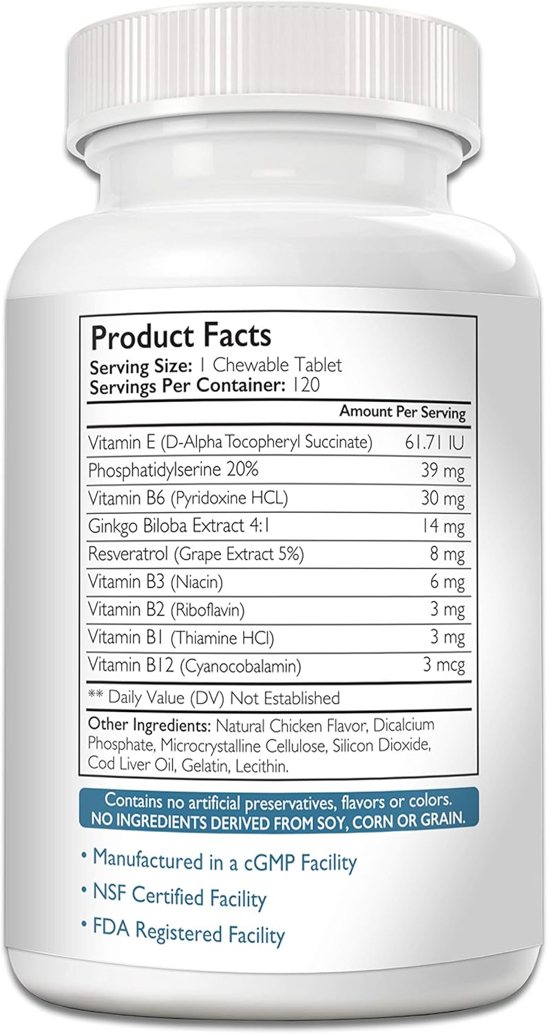 Dog Cognitive Support Supplement for Brain Health & Mental Wellness, 120 Chewable Tablets, Ideal for Aging Dogs with Cognitive Difficulties - Espot.com.au