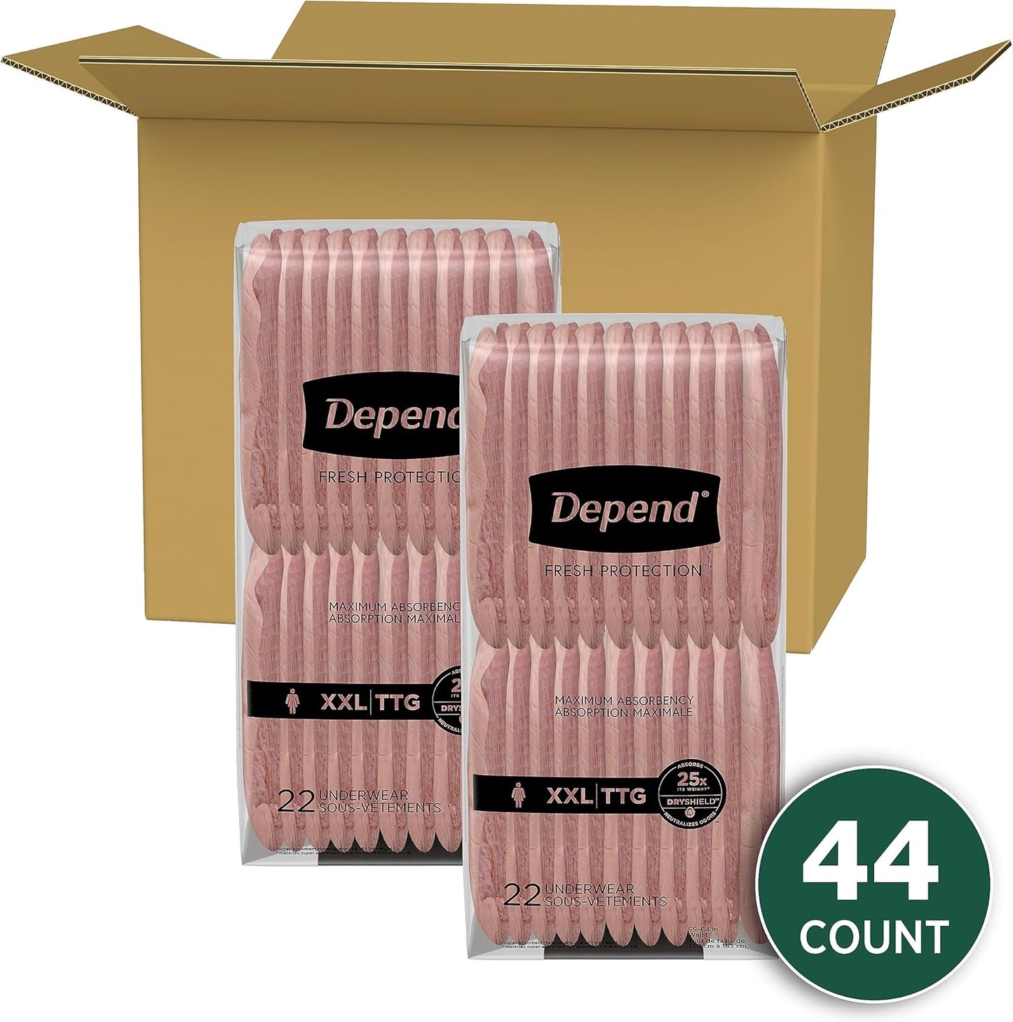Depend Fresh Protection Women's Disposable Incontinence Underwear, Maximum Absorbency, XXL, Blush, 44 Count (2 Packs) - Espot.com.au