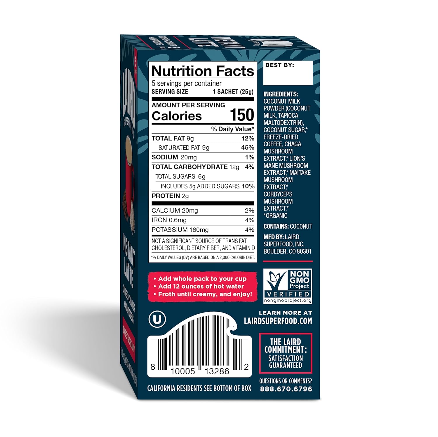 Laird Superfood Instant Latte Sachets - Sweet, Creamy, and Enriched with Adaptogens - Pack of 5 - Espot.com.au