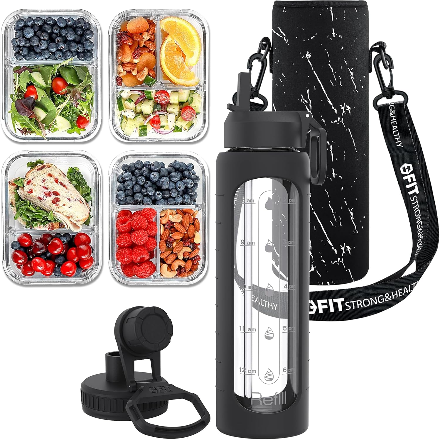 4-pack-glass-meal-prep-containers-water-bottle-bundle---2-3-compartment-32-oz-straw-lid-time-marker-sleeve-holder-with-strap---fit-strong-healthy-1