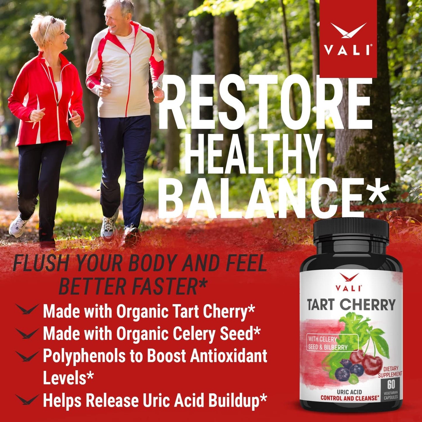 Organic Tart Cherry Uric Acid Cleanse Supplement with Celery & Bilberry Extracts for Joint Support & Muscle Health - 60 Capsules - Espot.com.au
