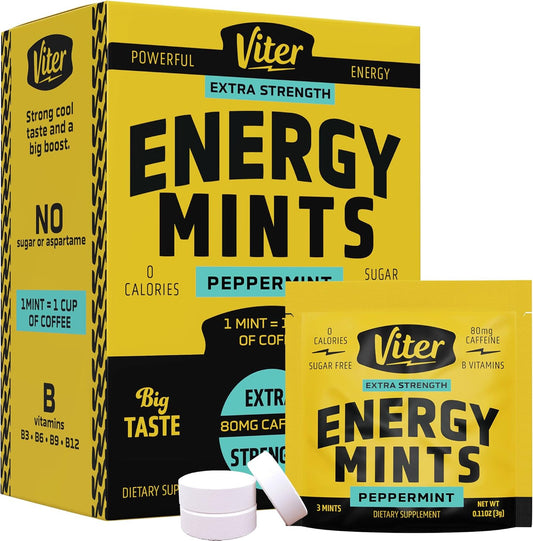 Viter Energy Caffeine Mints 80mg Extra Strength - 90 Pieces with B Vitamins. Sugar Free Vegan Mint for Energy Boost and Focus. Peppermint Flavor, 30 Pack. - Espot.com.au