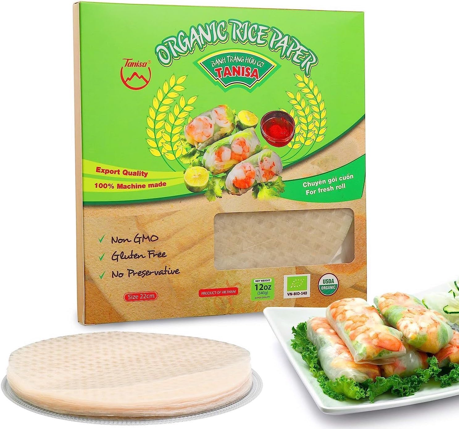 38 Sheets Tanisa Organic Rice Paper Wrappers, 22cm, 12 oz - Low Carb Tortilla, Spring Roll Wrappers, Gluten Free Wraps - Non GMO Banh Trang Goi Cuon - Espot.com.au