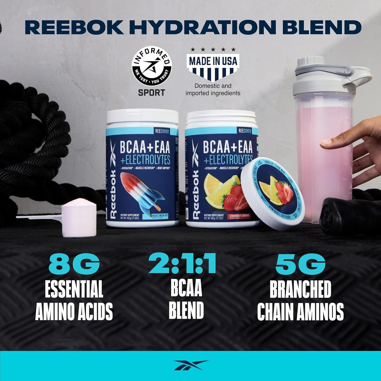 Reebok ReeCover BCAA EAA Electrolytes Supplement | 8g Essential Amino Acids, 5g Branch Chain Amino Acids, Hydration Support | Muscle Recovery, Strength | Post-Workout Drink | 30 Servings | Rocket Moon Pop Flavor - Espot.com.au