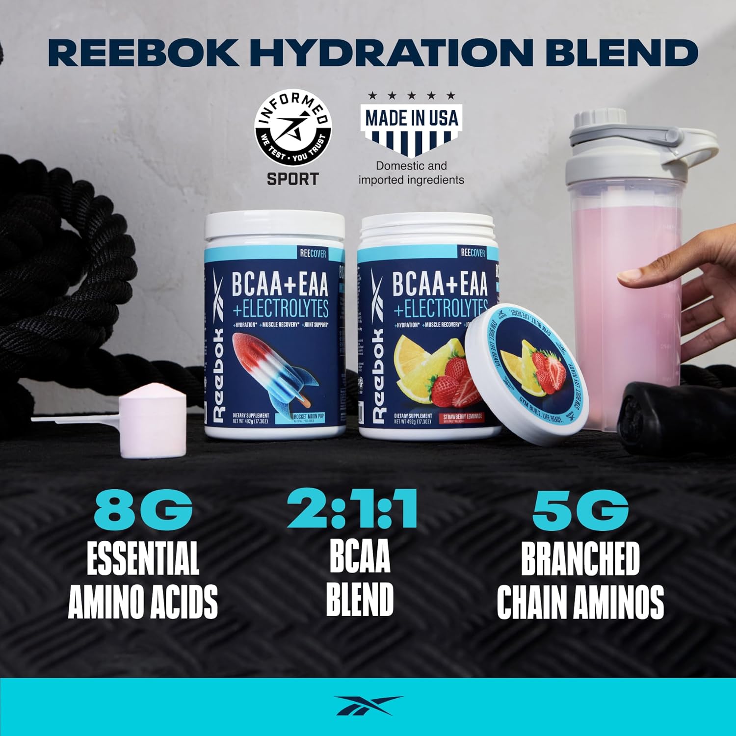 Reebok ReeCover BCAA EAA Electrolytes Supplement | 8g Essential Amino Acids, 5g Branch Chain Amino Acids, Hydration Support | Muscle Recovery, Strength | Post-Workout Drink | 30 Servings | Rocket Moon Pop Flavor - Espot.com.au