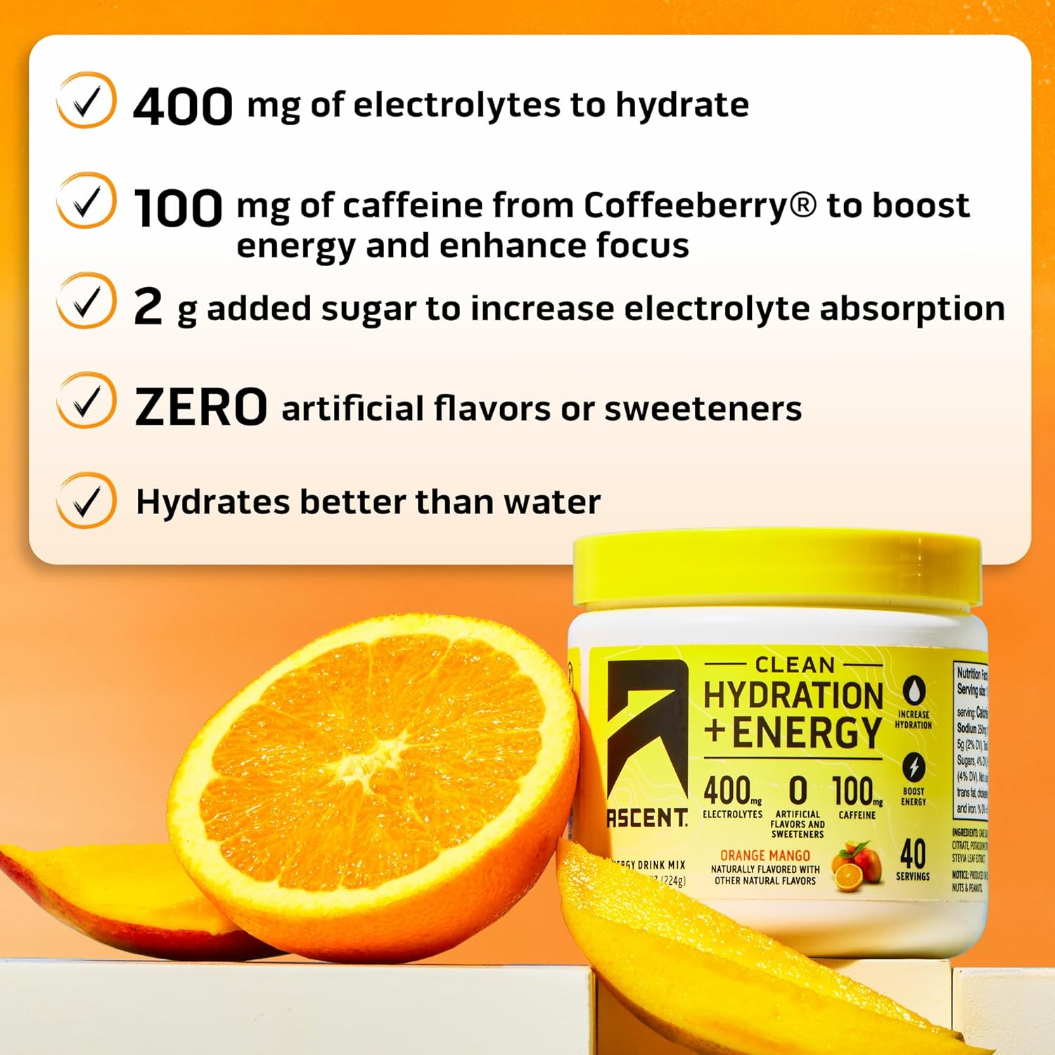 Orange Mango Electrolyte Powder with 100mg Caffeine - Clean Hydration and Energy Boost Drink Mix with 400mg Electrolytes - Natural Ingredients - 40 Servings - Espot.com.au