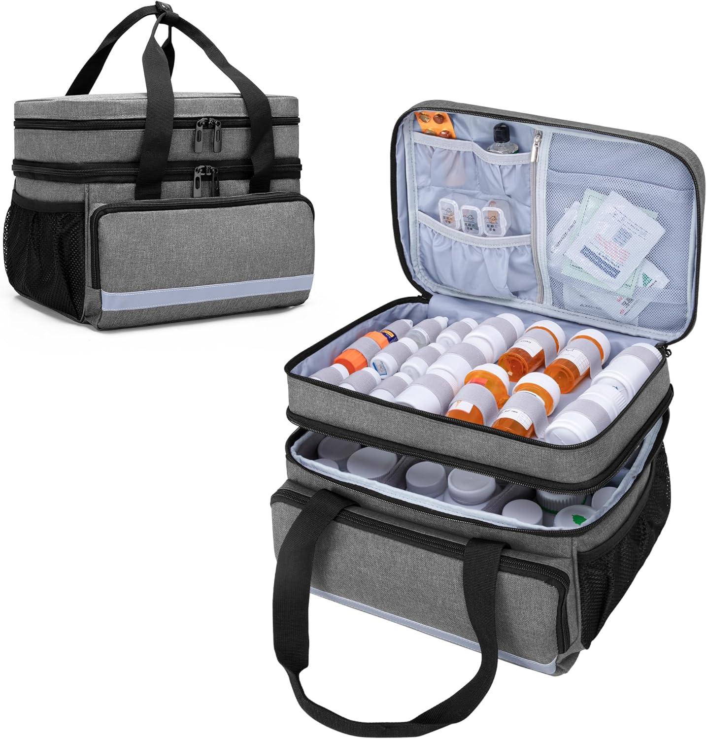 double-layer-pill-bottle-organizer-bag-with-lockable-zippers---medication-storage-case-for-prescription-bottles-and-medical-supplies---gray-patent-design-1