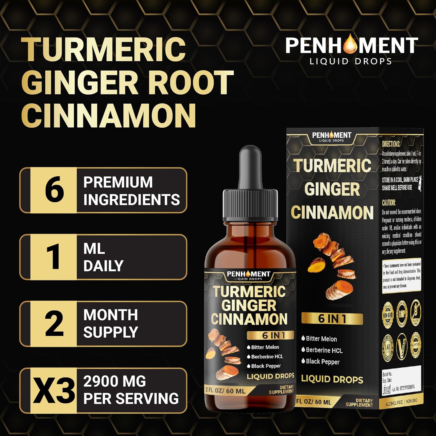 Premium 6-in-1 Liquid Turmeric Curcumin Supplement with Ginger, Berberine, Ceylon Cinnamon, Bitter Melon & Black Pepper - Joint Support Drops - 2FL oz - 60 Servings - Espot.com.au
