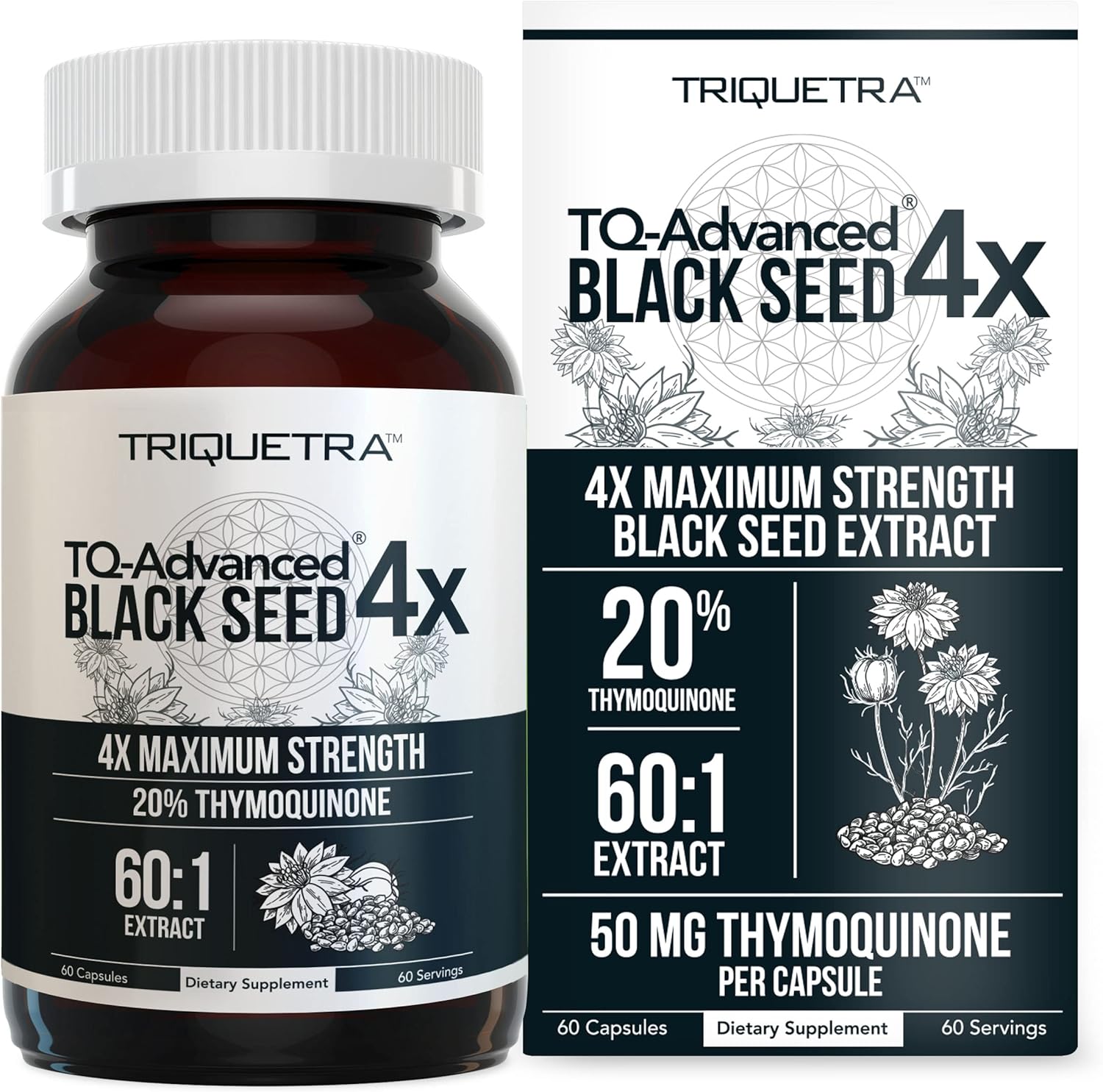 Thymoquinone Black Seed Oil Extract Capsules - 20% Concentration - TQ-Advanced 4X® - 60 Capsules - Nigella Sativa - Vegan - Glass Bottle - Espot.com.au
