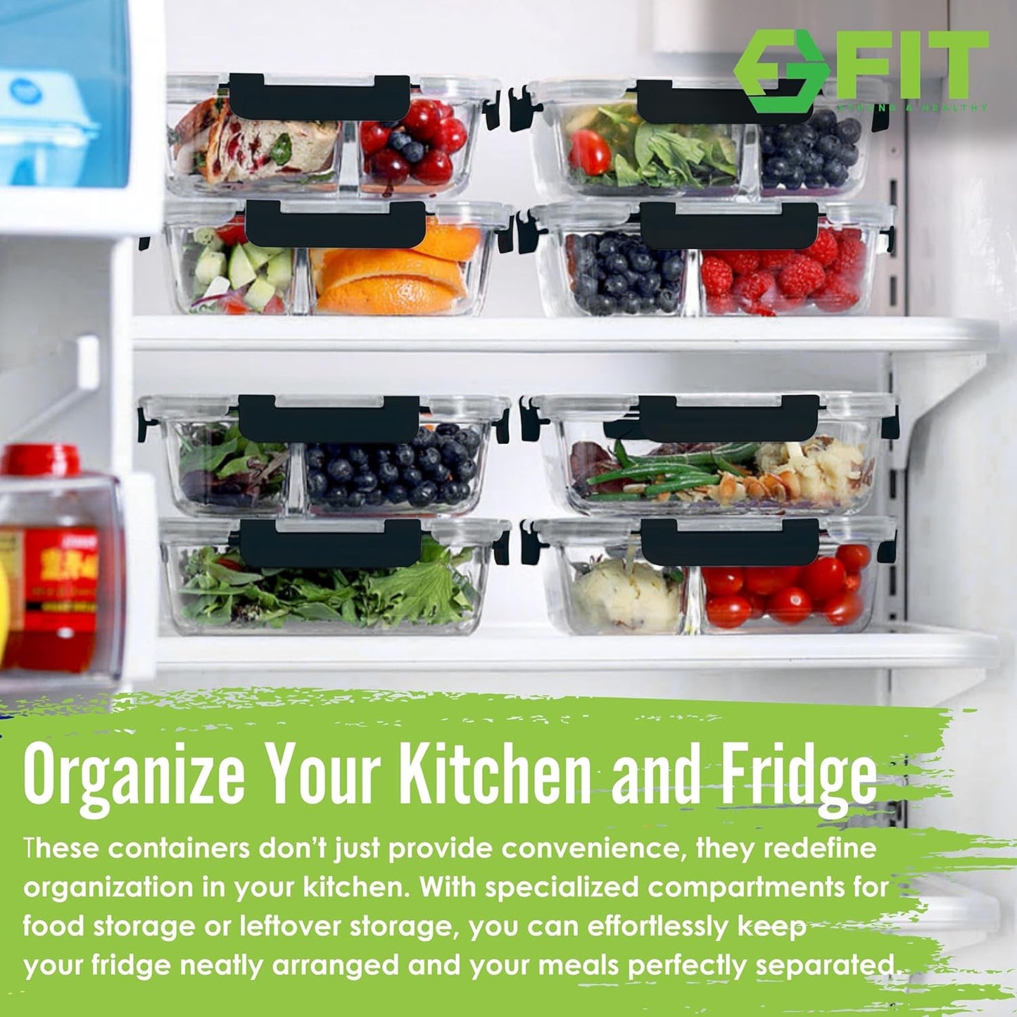 fit-strong-healthy-glass-meal-prep-containers---2-3-compartments-portion-control-lunch-container-set---food-storage-with-airtight-lids-oven-freezer-safe---leak-proof-bento-box-32-oz-black---4-pack-3