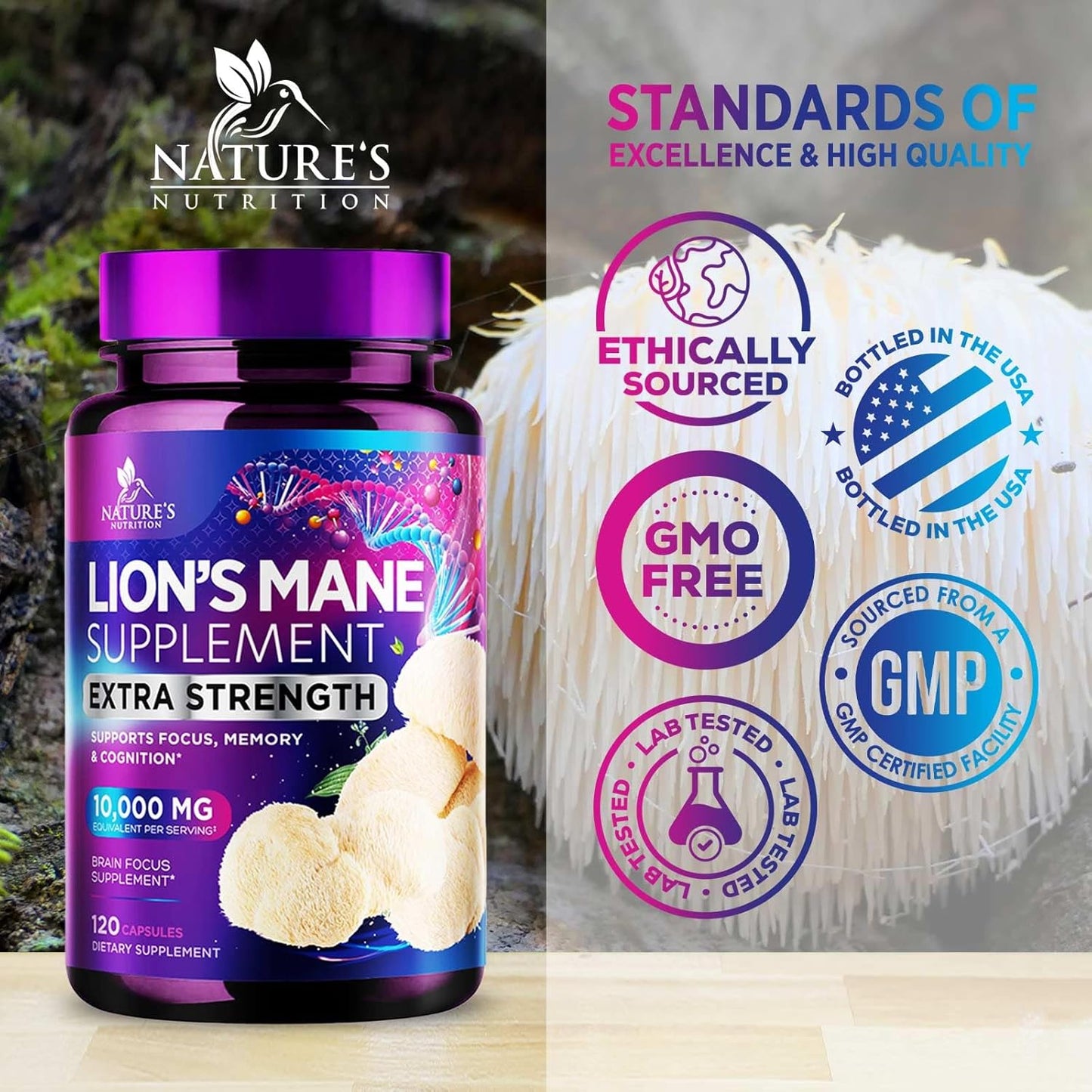 Lion's Mane Mushroom Supplement for Brain Support - Focus, Memory, Cognition & Immune Boost - Nootropic Extract - Non-GMO, Vegetarian - 120 Caps - Espot.com.au