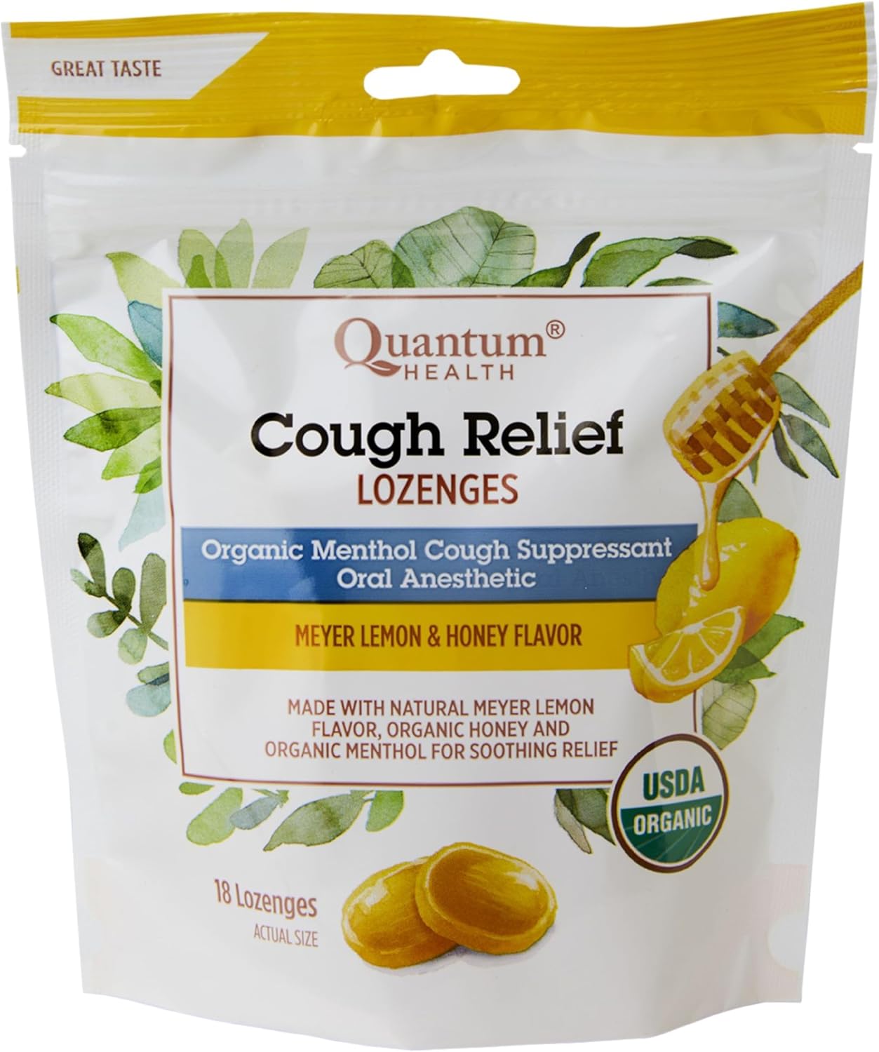 Organic Meyer Lemon & Honey Cough Relief Lozenges with Natural Menthol - 18 Ct Bag - Light Yellow - Quantum Health - Espot.com.au