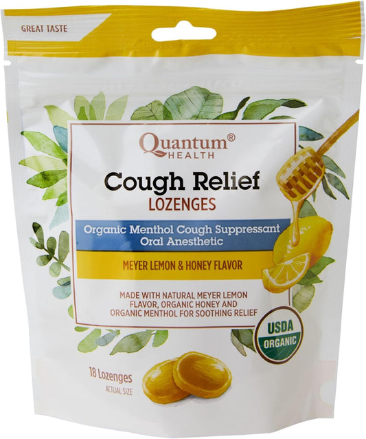 Organic Meyer Lemon & Honey Cough Relief Lozenges with Natural Menthol - 18 Ct Bag - Light Yellow - Quantum Health - Espot.com.au