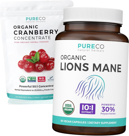 Organic Cranberry Powder & Lions Mane Mushroom Bundle - 1-Month Supply of Concentrate Powder & Capsules - Espot.com.au