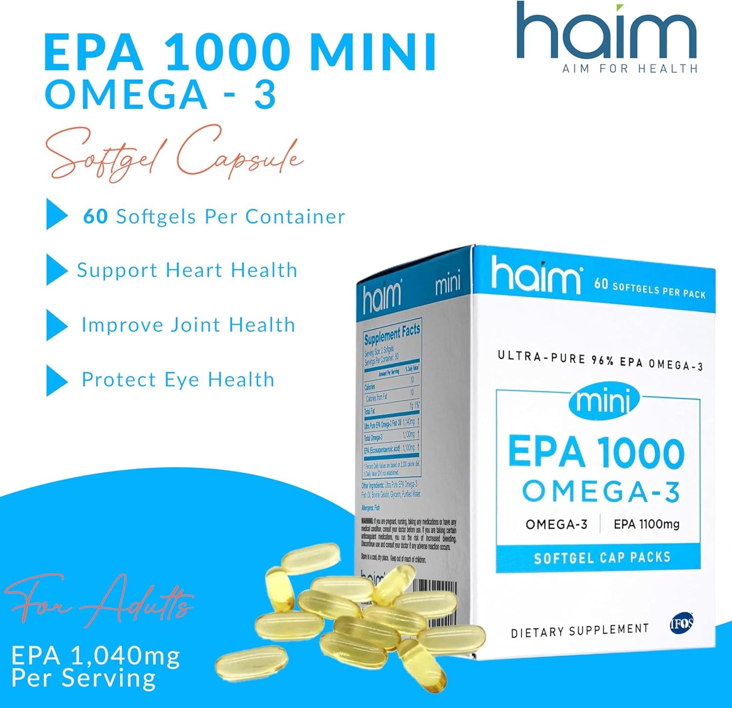 Ultra Pure EPA 1000mg Mini Softgels - Heart, Joint, & Mood Support - Burpless Fish Oil Supplement for Overall Health - 60 Mini Softgels - Espot.com.au