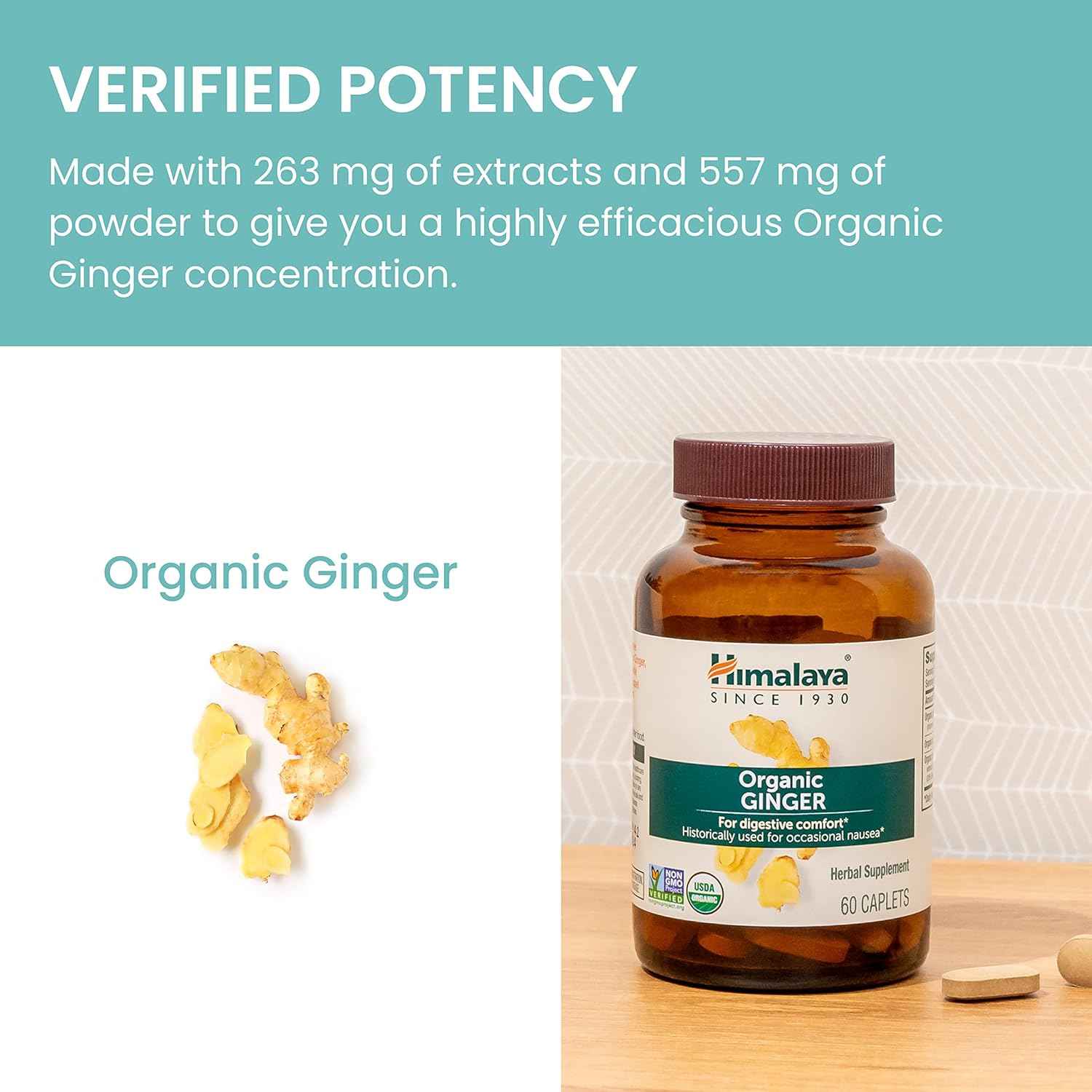 Organic Himalaya Ginger Supplement for Nausea, Gas, Upset Stomach - 60 Caplets, 2 Month Supply - Equivalent to 4,766 mg Ginger Powder - Natural Relief