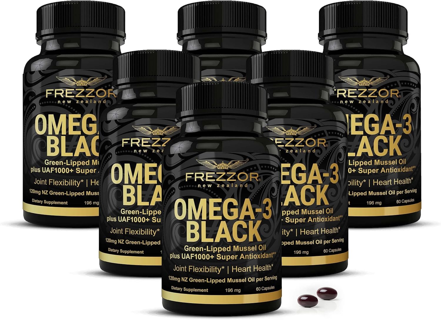 6-Pack FREZZOR Omega 3 Black Capsules with New Zealand Green Lipped Mussel Oil for Joint Care & Comfort - High Potency Antioxidant Formula, No Fishy Aftertaste - 450mg, 360 Softgels - Espot.com.au