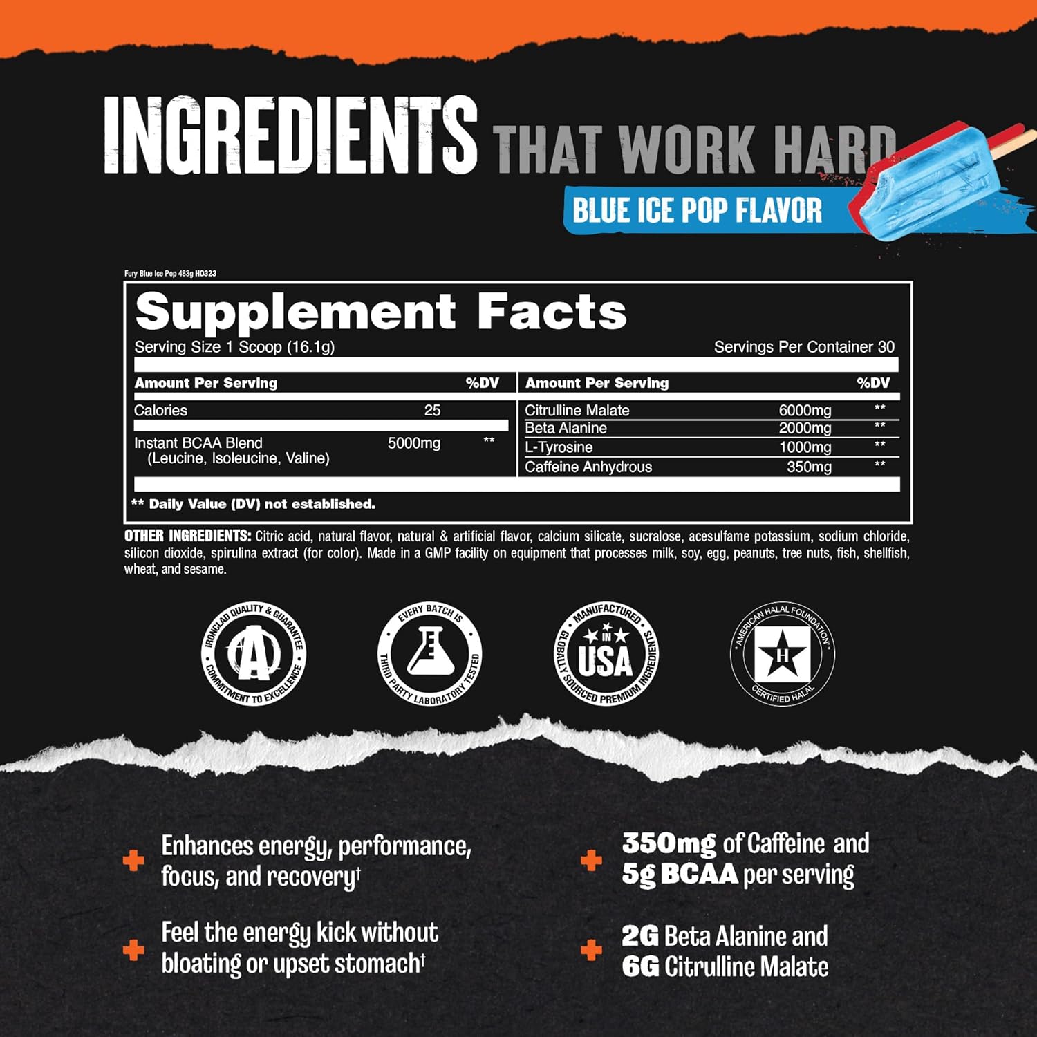 Animal Fury Pre Workout Powder - Energy & Focus Supplement with BCAAs, Caffeine, Beta-Alanine - Nitric Oxide Booster for Men & Women - Blue Ice Pop Flavor - 30 Servings - Espot.com.au