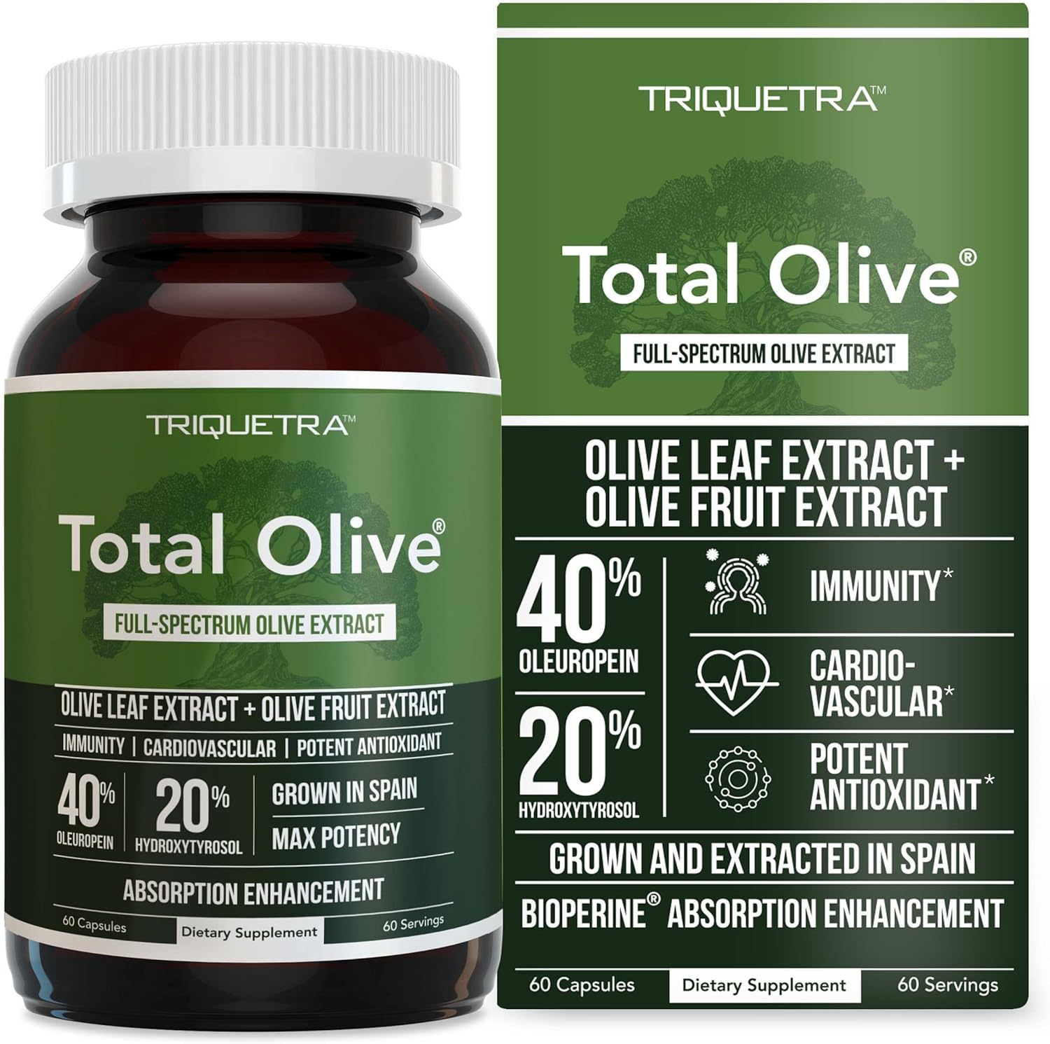 Triquetra Health Total Olive® - Spanish Grown Full Spectrum Olive Leaf & Fruit Extracts with BioPerine - High Oleuropein & Hydroxytyrosol - 60 Capsules - Espot.com.au