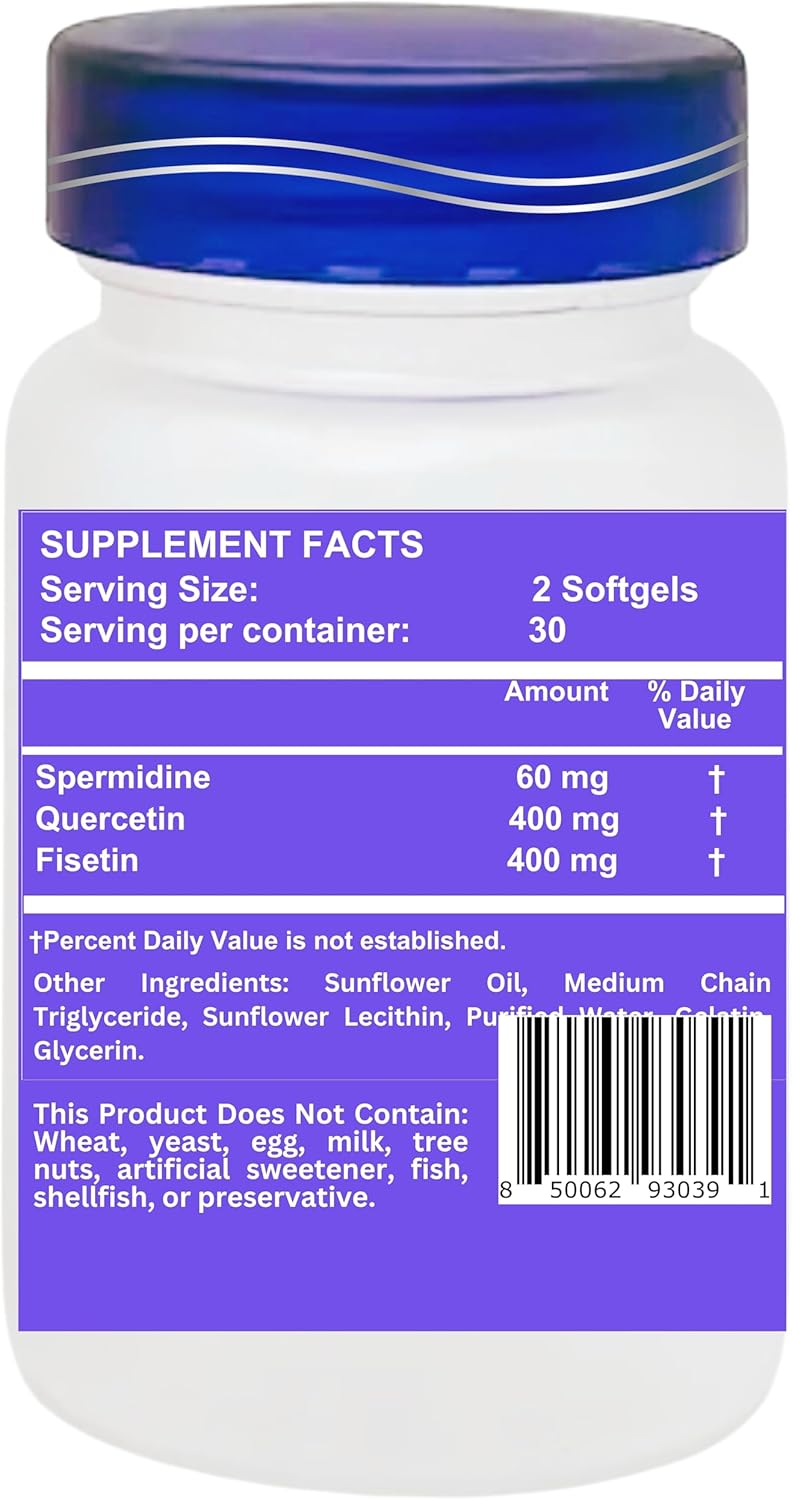 860mg Liposomal Spermidine, Quercetin, Fisetin Supplement for Healthy Aging & Cognitive Function - 60 Softgels