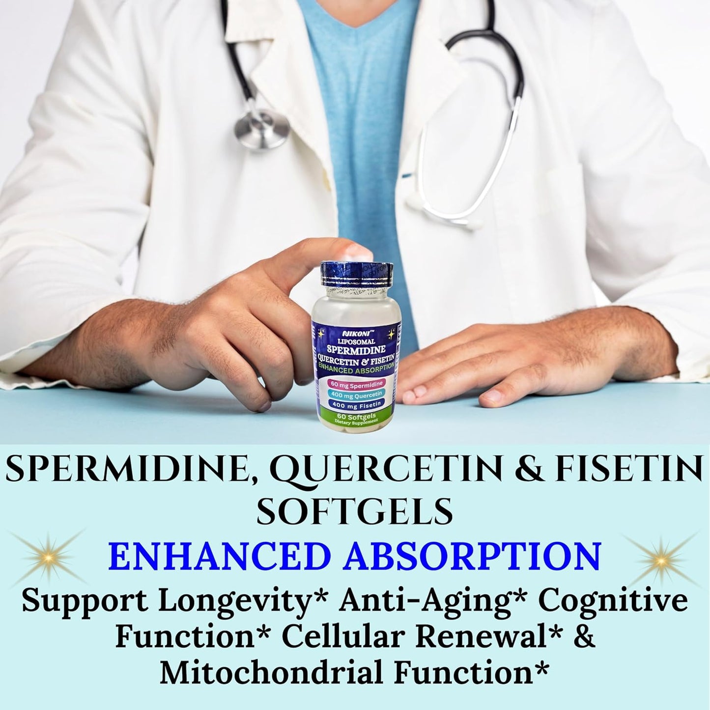 860mg Liposomal Spermidine, Quercetin, Fisetin Supplement for Healthy Aging & Cognitive Function - 60 Softgels