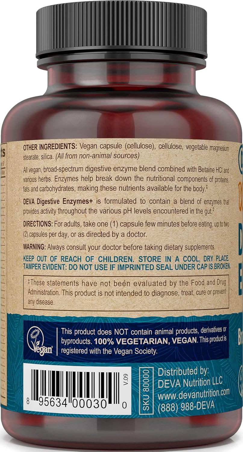 90 Capsules Deva Vegan Vitamins Digestive Enzymes Plus Supplement with Enzymes & Herbs