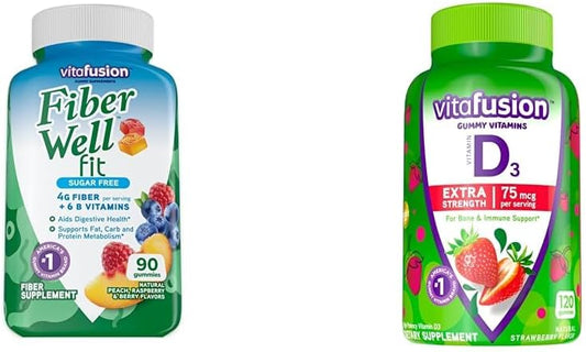 90 Count Vitafusion Fiber Well Fit Gummies Supplement with Packaging Variation & 120 Count Extra Strength Strawberry Flavored Vitamin D3 Gummy for Bone and Immune Support