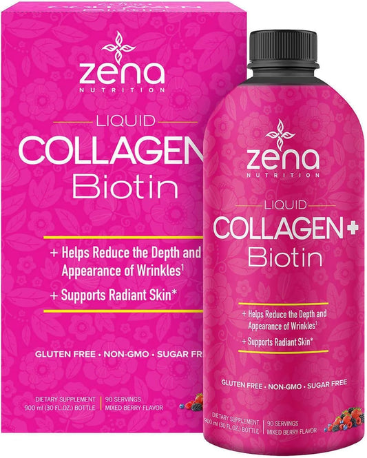 90 Day Supply of Liquid Collagen and Biotin with Verisol Formula - 2500mg Collagen, 5000mcg Biotin - Hair, Skin, Nail & Joint Support - Non-GMO, Mixed Berry Flavor - 90 Servings