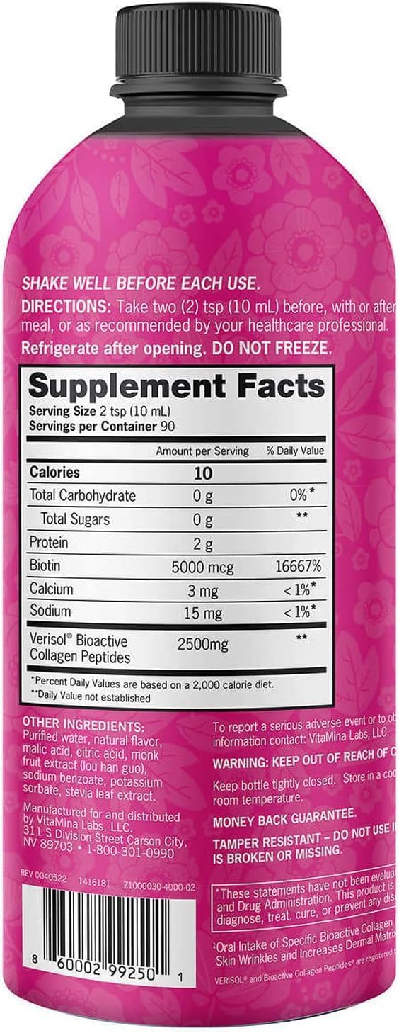90 Day Supply of Liquid Collagen and Biotin with Verisol Formula - 2500mg Collagen, 5000mcg Biotin - Hair, Skin, Nail & Joint Support - Non-GMO, Mixed Berry Flavor - 90 Servings