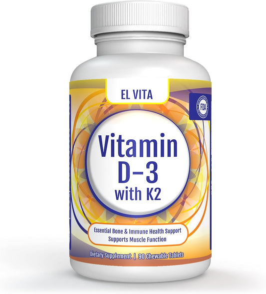 90 Natural Cherry Chewable Vitamin D3 & K2 Tablets for Bone & Immune Health - No Sugar Added