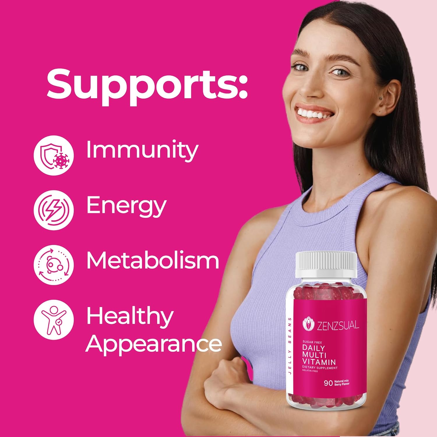 90 Natural Mix Berry-Flavored Daily Multivitamin Jellybeans - Chewable, Sugar-Free, Vegetarian Dietary Supplement for Immune Support and Wellness