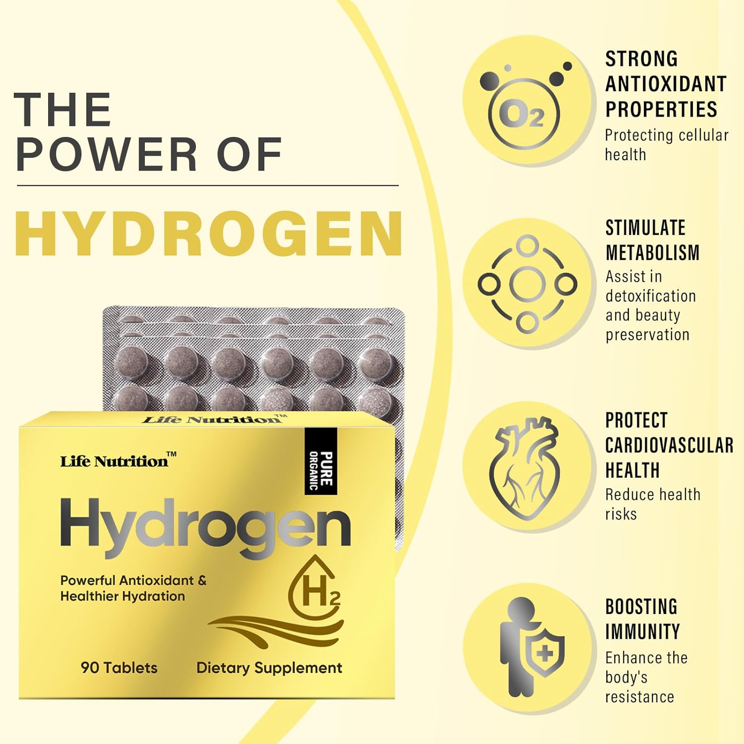 90 Tablets of Life Nutrition Molecular Hydrogen Water Tablets with Magnesium for Energy Boost - Gluten Free & Keto Antioxidant Supplement to Combat Inflammation & Stress
