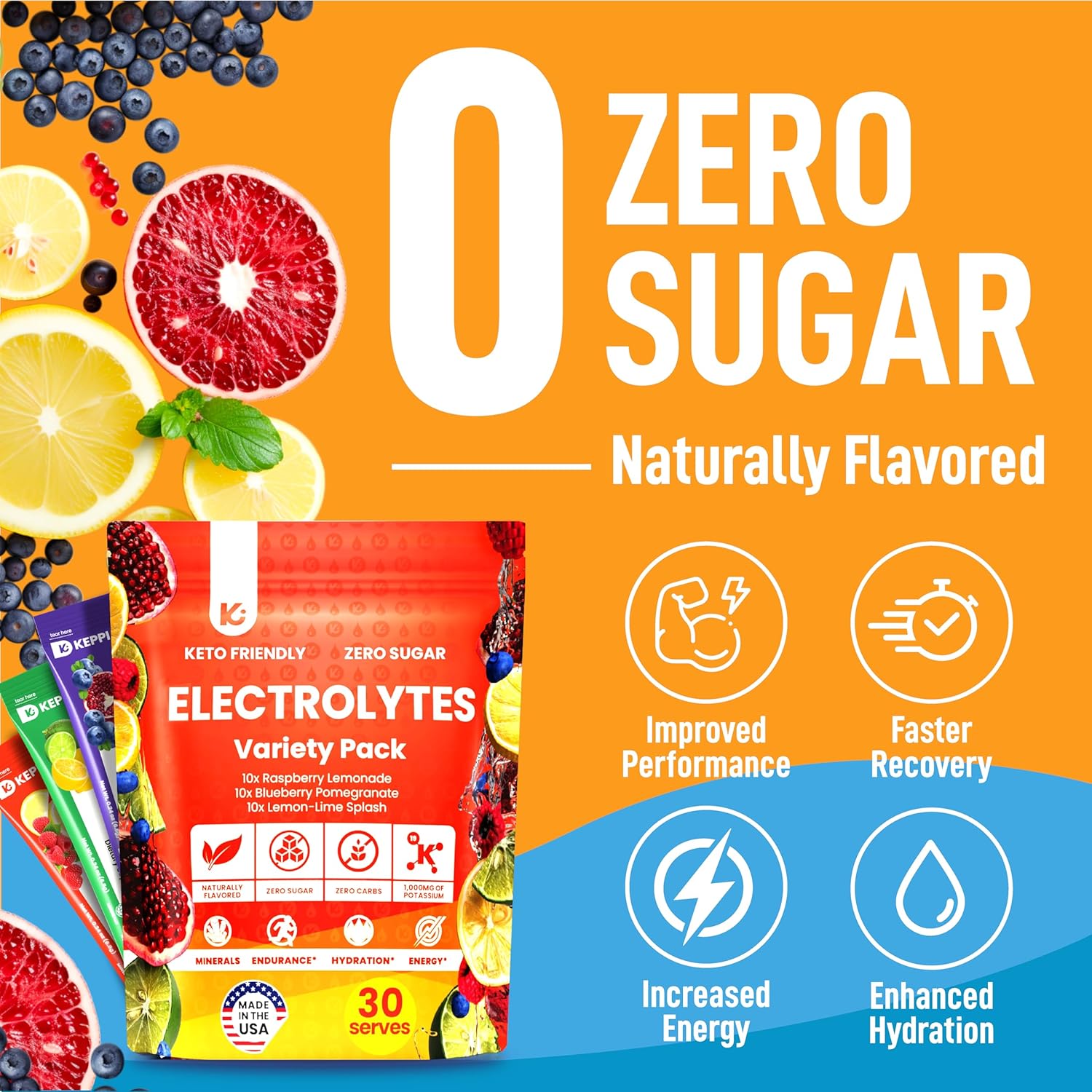 USA-Made Keppi Keto Electrolytes Powder - Sugar-Free Hydration & Recovery - Raspberry Lemonade, Blueberry Pomegranate, Lemon Lime - Advanced Formula - Espot.com.au