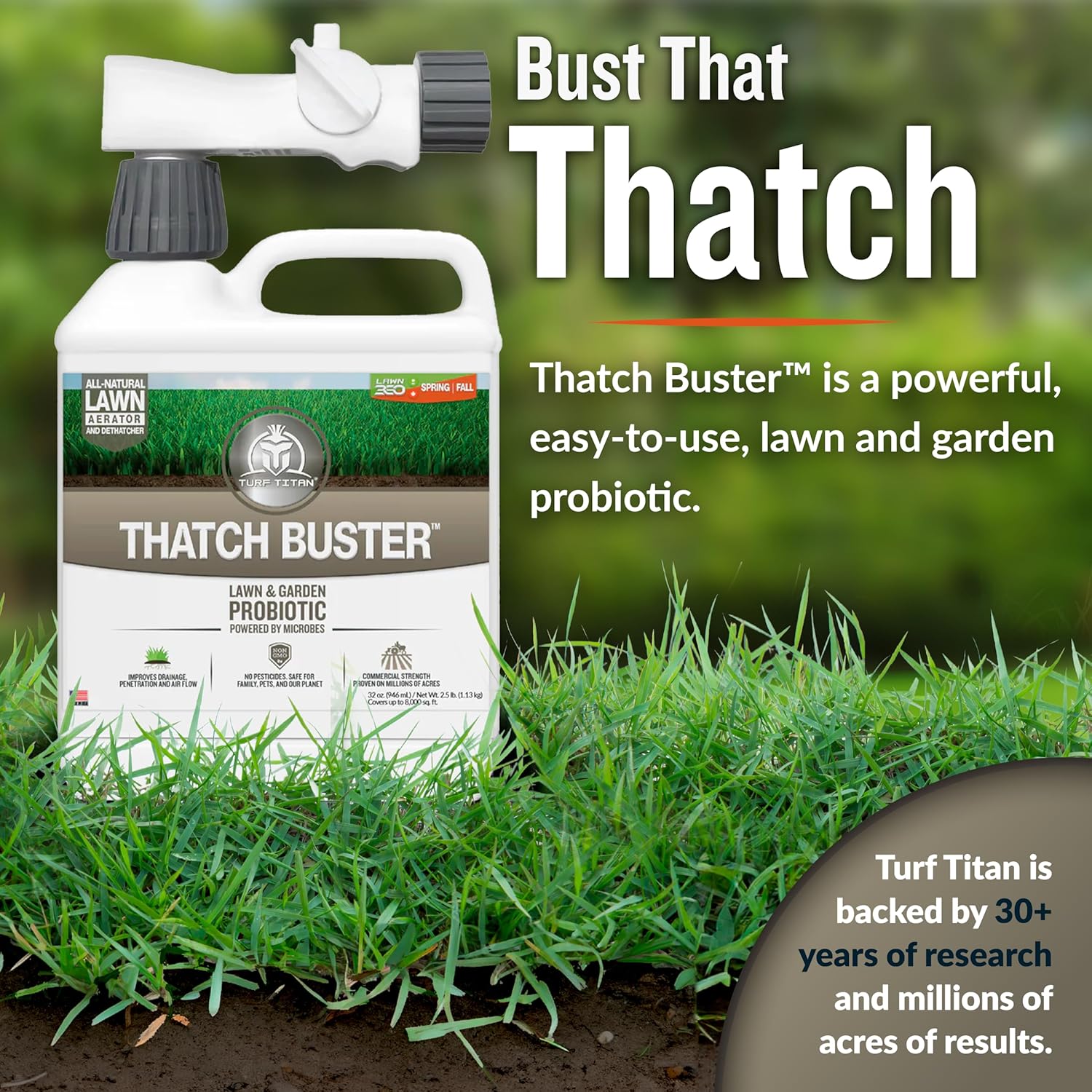 Turf Titan Thatch Buster - Natural Lawn Aerator and Grass Dethatcher - Probiotic Solution for Better Lawn Drainage, Soil Health, and Strength (32oz) - Espot.com.au