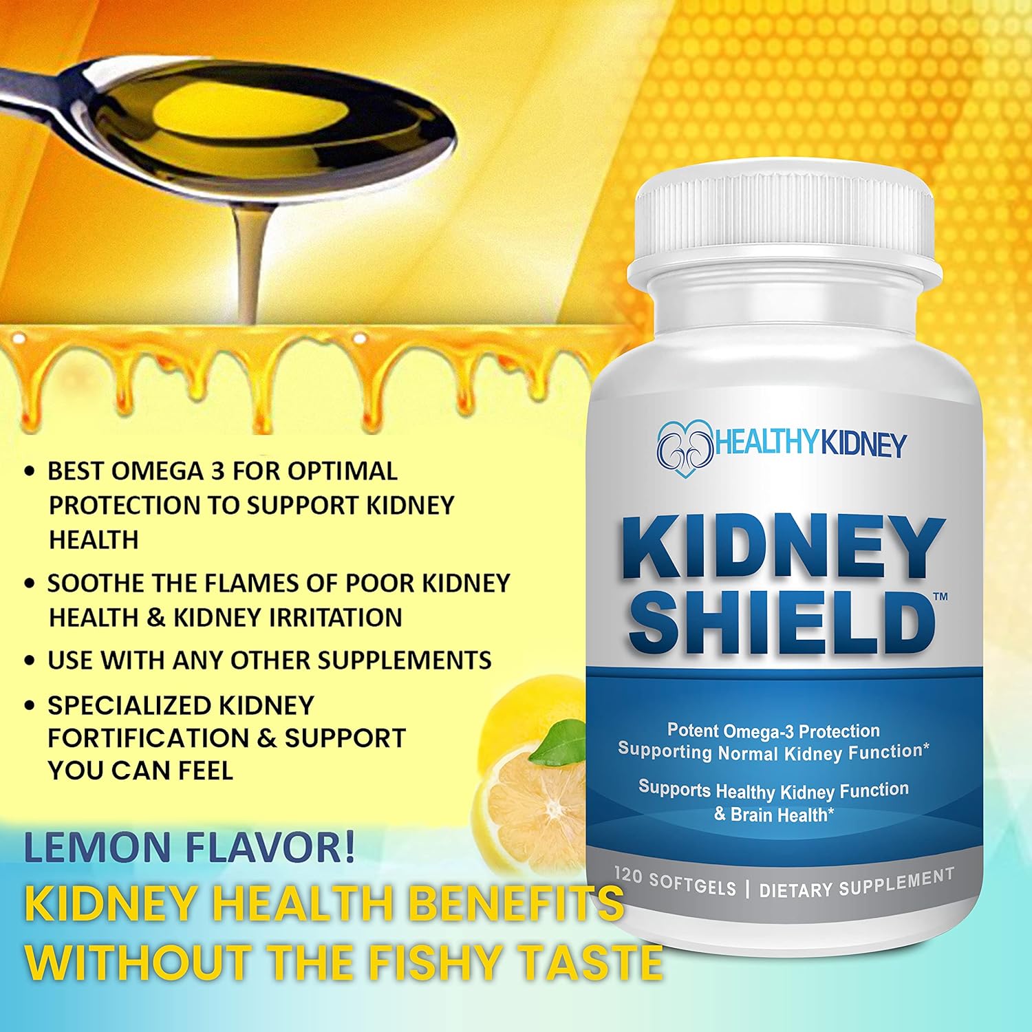 Kidney Shield Omega 3 Fish Oil Supplements for Kidney Health - Supports Normal Function & Cleanse Detox - 120 Lemon Softgels - Espot.com.au