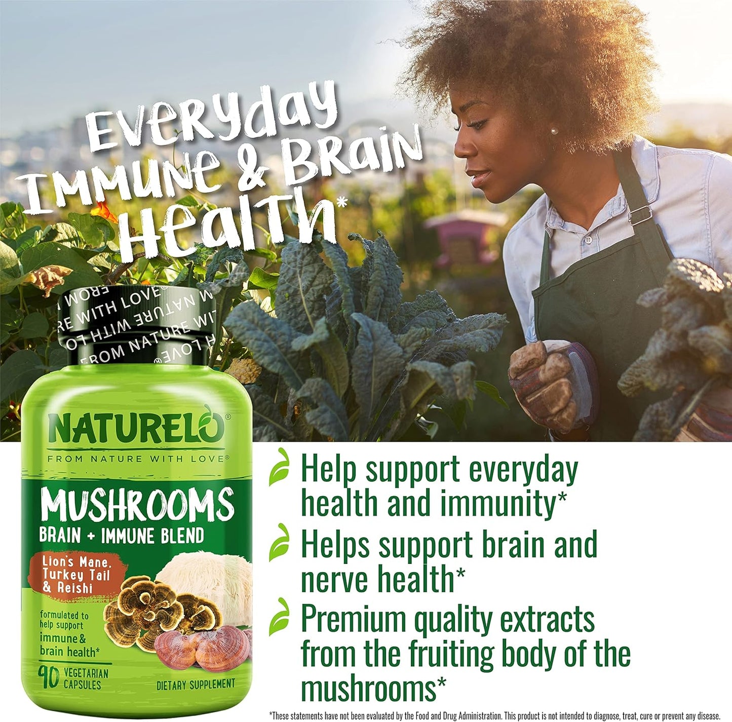 NATURELO Mushroom Supplement for Brain and Immune Health - Lion's Mane, Reishi, Turkey Tail - 90 Vegan Capsules - Espot.com.au