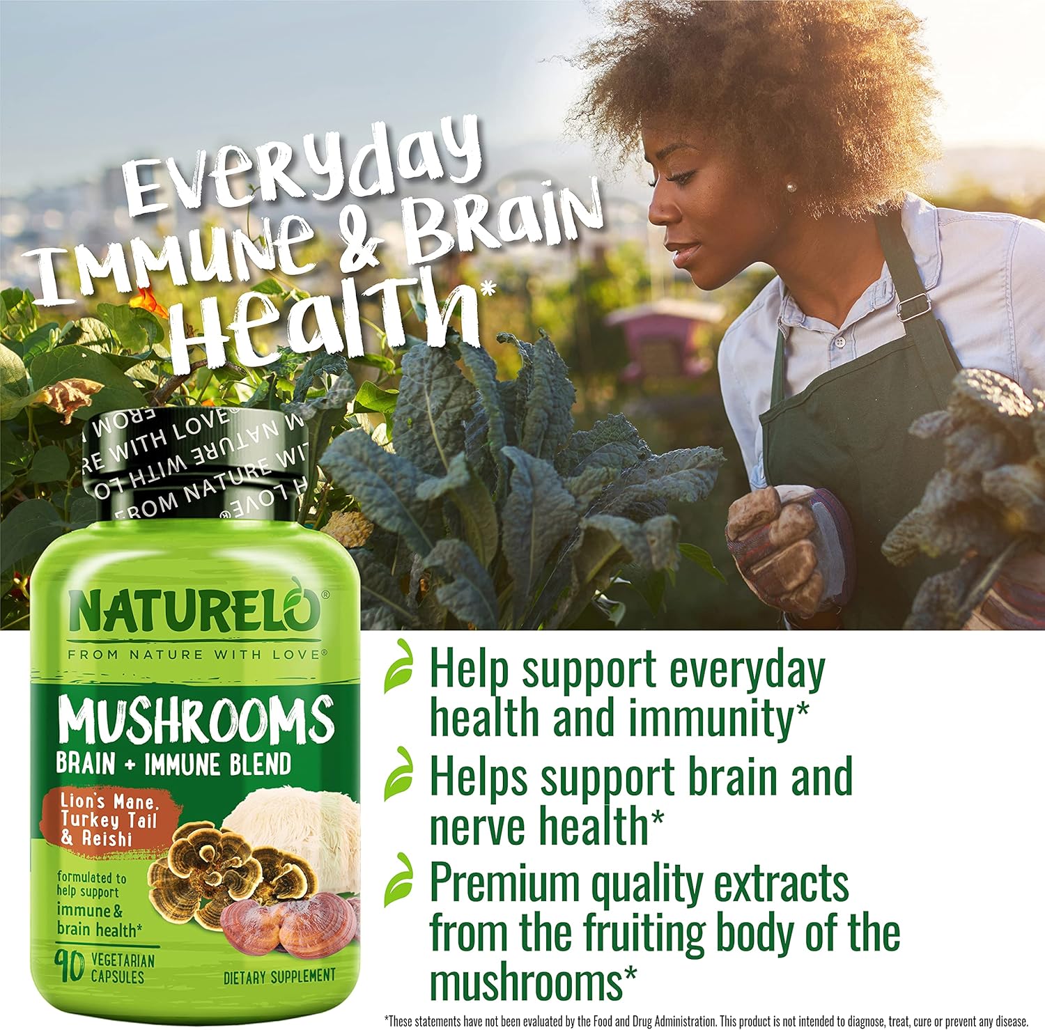 NATURELO Mushroom Supplement for Brain and Immune Health - Lion's Mane, Reishi, Turkey Tail - 90 Vegan Capsules - Espot.com.au