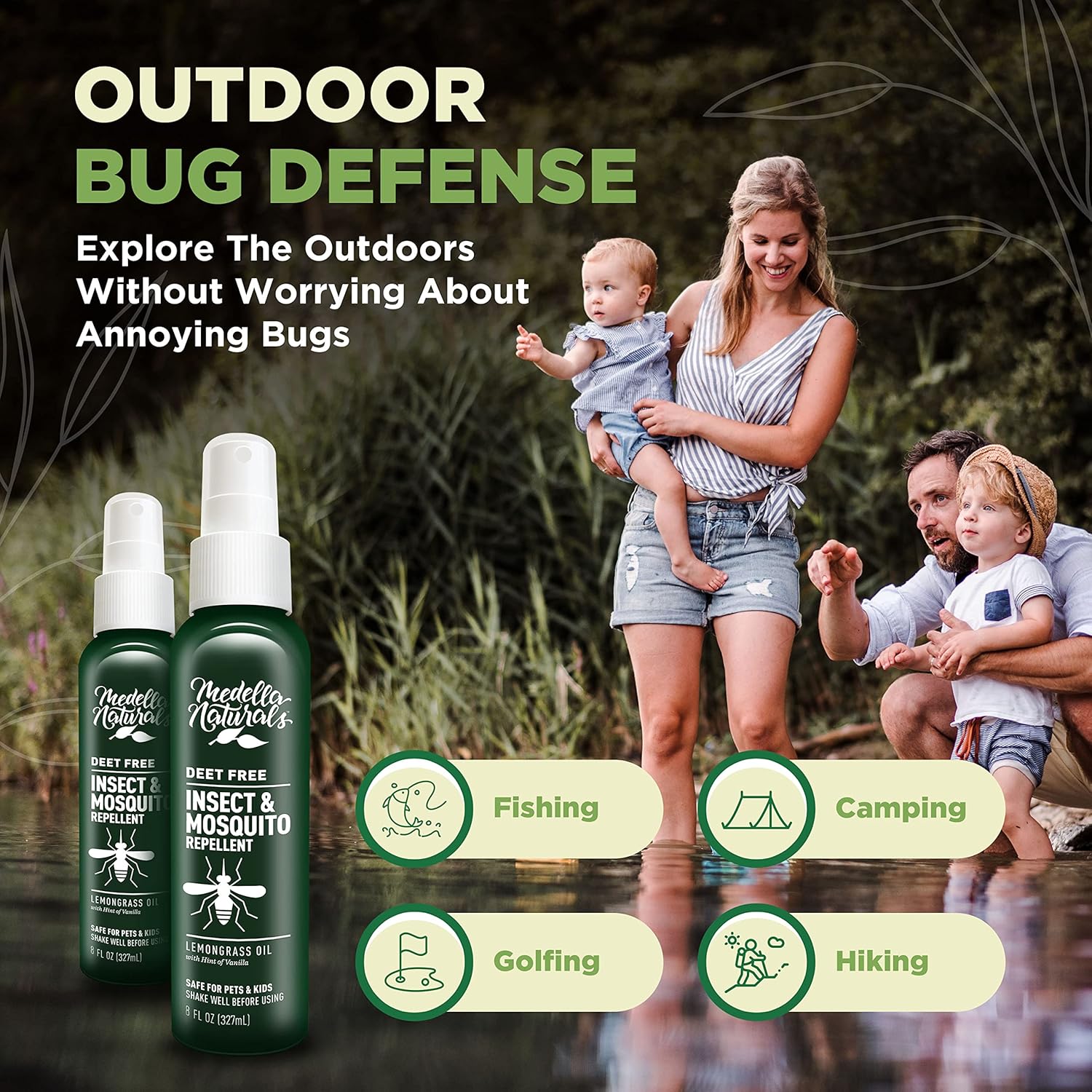 Medella Naturals Deet-Free Insect Repellent Bundle (2-Pack, 8 oz) - Pleasant Lemongrass Scent, Safe for Pets & Kids - Effective Bug Spray for Mosquitoes, Gnats, Black Flies, No-See-ums - Espot.com.au